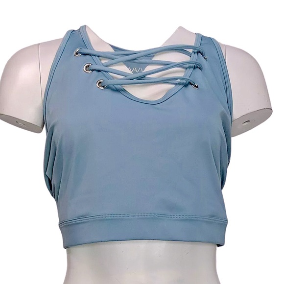 WAVE Beautiful SkyBlue 2pc Work Out Lycra Stretch Criss Cross Tank & Leggings XL - Picture 6 of 15